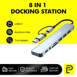 POPCORN 8 in 2 USB +Type C HUB Docking Station with 3.5mm Audio Jack Adapter Micro SD Card Reader