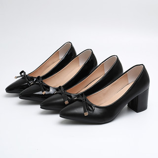 「KAEVE」2 inch elegant  bowknot close toe leather black heels for women school work shoes