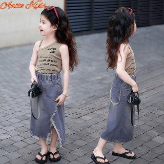 Anito Kids Girls Denim Skirt Summer Fashion Cute Midi Skirt With Side Slit For 110-160CM