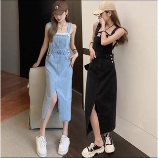 Womens Maxi Denim Jumper Skirt with Slit