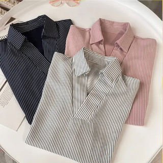 Striped Half Sleeve Blouse For Women V-Nevk Short Sleeved Retro Casual Loose Shirts M-2XL