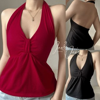 Sabrina Halter Tank Ribbon Coquette Open Back Cotton Basic Crop Top For Women