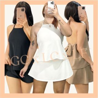CIANNE Mini Skort Terno | Sleeveless Halter Self Tie Backless | Gartered Skort | Crepe Fabric