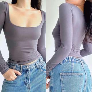 Squareneck Cotton Plain Longsleeve Top XS - LARGE Minimalist Basic | DA&ABOUT THE FIT (Drea)