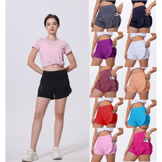 G314# Lady's Workout Sports High Waist Taslan Running Shorts With Cycling and Pocket