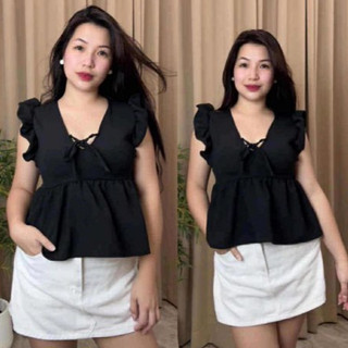 1340-V-Neck Blouse Cotton Crepe Ruffle Sleeve Self Tie Top (S-M) (L-XL)