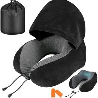 U-Shaped Pillow with Memory Foam Hooded Outdoor Travel Airplane Pillow Detachable