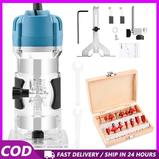 1000W Power Tools Handheld Palm Wood Router With 15pcs Bits Electric Wood Trimmer