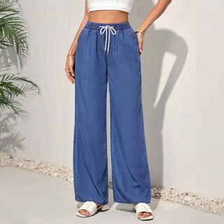 Elastic Waist Jeans For Women Casual Wide Leg Pants Korean Style Drawstring Denim Pants