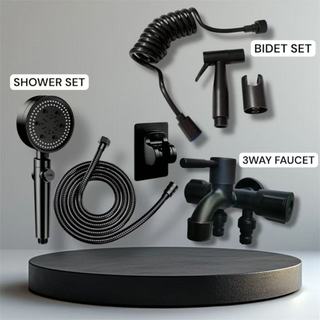 Complete Set Black/Silver Shower Set Spiral Bidet Set with Hose and Holder and Three Way Tap Faucet