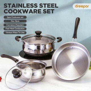 Dreepor 3Pcs Non Stick Pan Cookware Set Frying Pan Induction Wok Soup Pot Suitable For All Stove