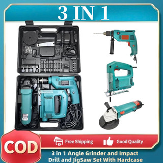 NEW 2 in 1/3 in 1 Angle Grinder and Impact Drill and JigSaw Set With Hardcase