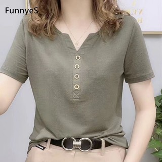 Short Sleeved T-shirt Women's Loose Casual Simple V-neck Bottom Top Shirts Solid Color 2003
