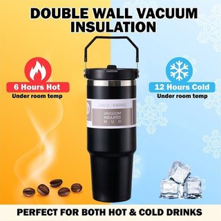900ML Tumbler with Foldable Straw Thermos Coffee Mug Stainless Steel Hot and Cold Water Bottle