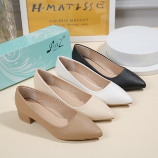 【TRENDIANO】Korean Women Pointed Toe Block Heels Office Black Work Shoes 1inch heels Leather