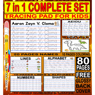 7 IN 1 PERSONALIZED TRACING PAD TOTAL OF 80 PAGES  ALPHABET NUMBER LINE SHAPE AEIOU COLORING