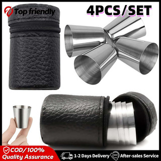 4PCS Stainless Steel Shot Cups with Black Leather Case for Outdoor Camping Travel Metal Barware Gift
