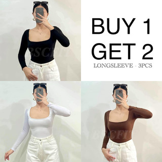 BSCFIT Buy 1 Take 2 (Total of 3) Double Lining Squareneck Longsleeve Top Body Hugging Top for Women