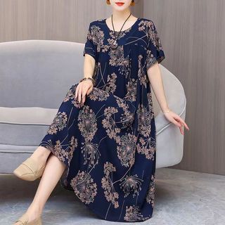 FunnyeS Silk Large Size Floral Dress 2025 New With Pocket Printing Medium Length Mother Dress L6006