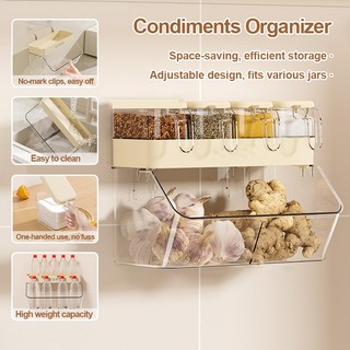 Kitchen 2Tier Spice Rack Ginger Garlic Storage Box Kitchen Wall Mounted Organizer with Spice box*4