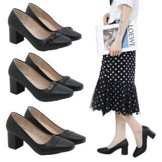 【lucky girl】Fashion Black chunky style school/office Block leather heels shoes for women