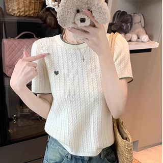 Korean style round neck heart embroidered ice silk  slim short sleeve Knit T-shirt women's