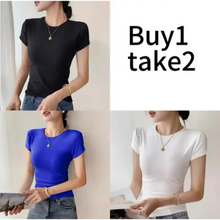 BUY 1 TAKE 2 DOUBLE LINING BLOUSE BASIC FULL LENGTH BOATNECK ROUND T-SHIRTS COTTON FOR WOMEN