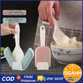 Non-stick Stand-up Rice Paddle Stand Rice Spoon Holder Automatic Opening Closing Rice Spatula Paddle
