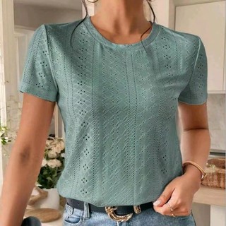 LorielleFashion Eyelet Embroidery Tee Short Sleeve Top Stretchable Eyelet Fabric