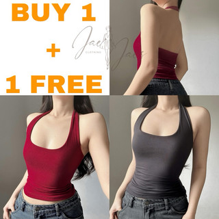 Therese Buy 1 + 1 Free (2PCS) Halter Neck Double Lining Full Length Cotton Basic Open Back For Women
