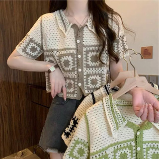 089 Korean crochet CROP TOP  Knit with collar Buttons Tops FIT UP TO MEDIUM