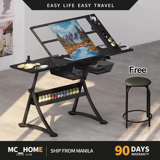 MC [COD] Drafting Glass Table Height Adjustable Drawing Table Extra Side Drawers with Leather Stool