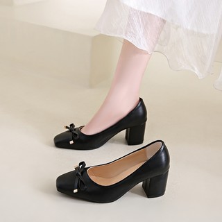 「KAEVE」2 INCH  casual  square toe leather slide block black heels for women school graduation
