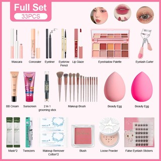 12-33Pcs Beginners Cosmetics Foundation Eye Shadow Lip Glaze Concealer Mascara Eyeliner Blush Set