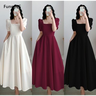 Women's Long Dress French Square Neck Puff Sleeves Elegant Midi-Length Temperament Dress 2008