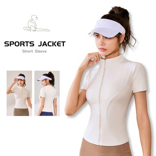 Short Sleeve Jacket Woman Sports Fitness Workout Running Zipper Quick Drying Soild Color