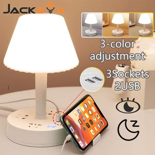 Jacksun Tircolor Table Lamp Bedside Lamp Shade Bedroom Electric Socket Night Desk Lamp USB Plug