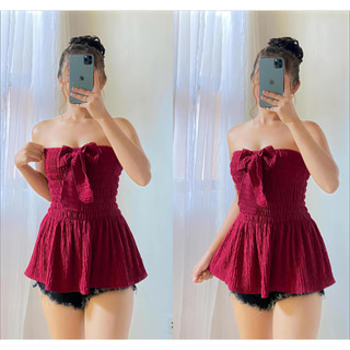 DBS AMIRA BOW Smocking Top Stretch Bark Crepe Fabric FITS SMALL to XL Casual Sexy Casual OOTD Korean