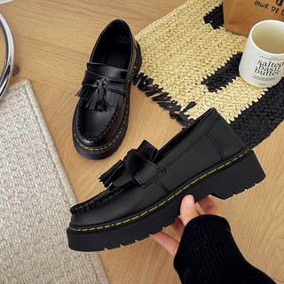 Korea Women/Men Black Pu leather SHoes tassel Casual Couple shoes mid heel Buckle Loafers 36-45