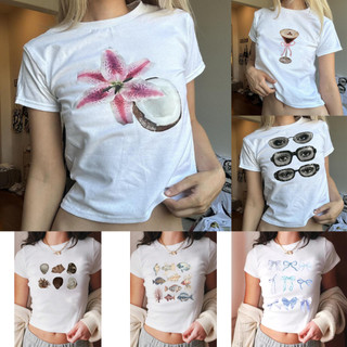 baby tee Slim fit and elastic T-shirt Personalized printed slim fit short sleeved women Round neck