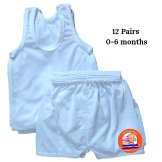 12 Pairs Infant Plain White Terno Sando & Shorts for Baby Boy (0-6 months)