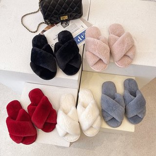 Solid color rabbit fur korean fashion intersect plush slippers for women‘s indoor versatile slipper