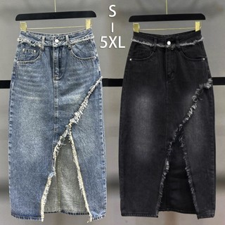 Plus Size~Long Skirt Slit Slim women Korean Midi Denim Skirt High Waist jeans A-line office maong