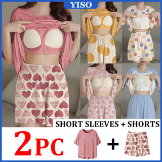YISO 2 in 1 Pajama Terno For Women 2 Pcs Pambahay Set Summer With Chest Pads Sweet Short-Sleeved #C