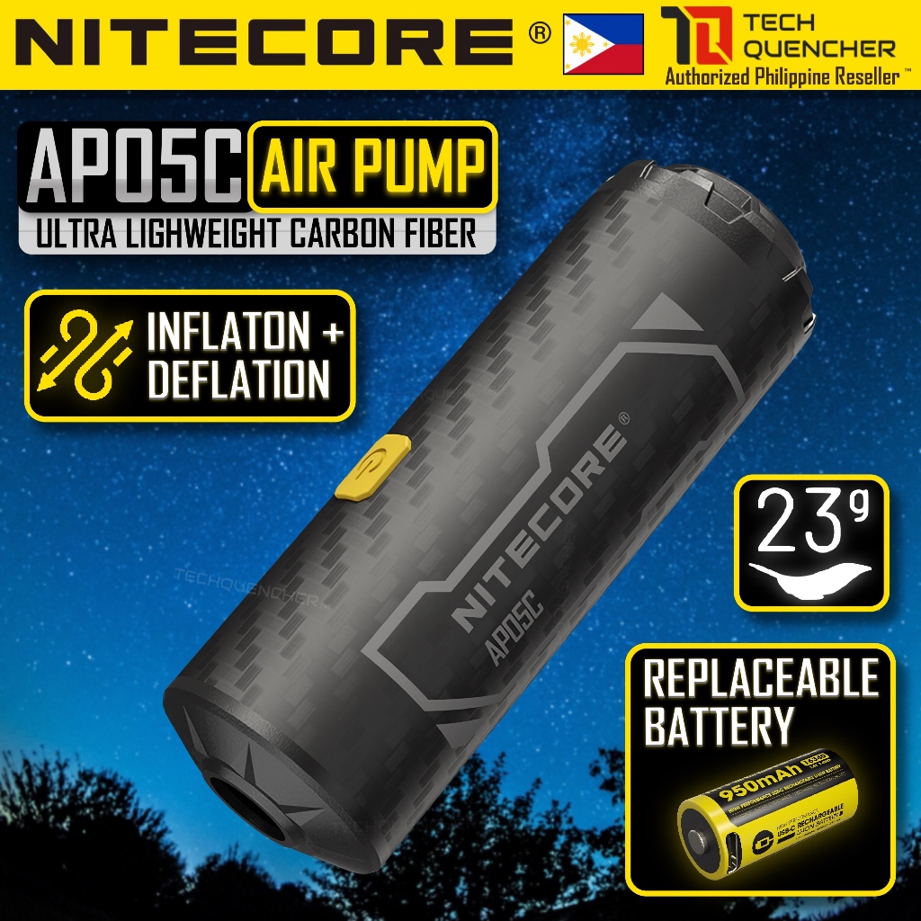 ปั๊มลม Nitecore AP05C ทำจากคาร์บอนไฟเบอร์ มีน้ำหนักเพียง 23 กรัม และสามารถสร้างแรงดันได้ถึง 2.7 kPa