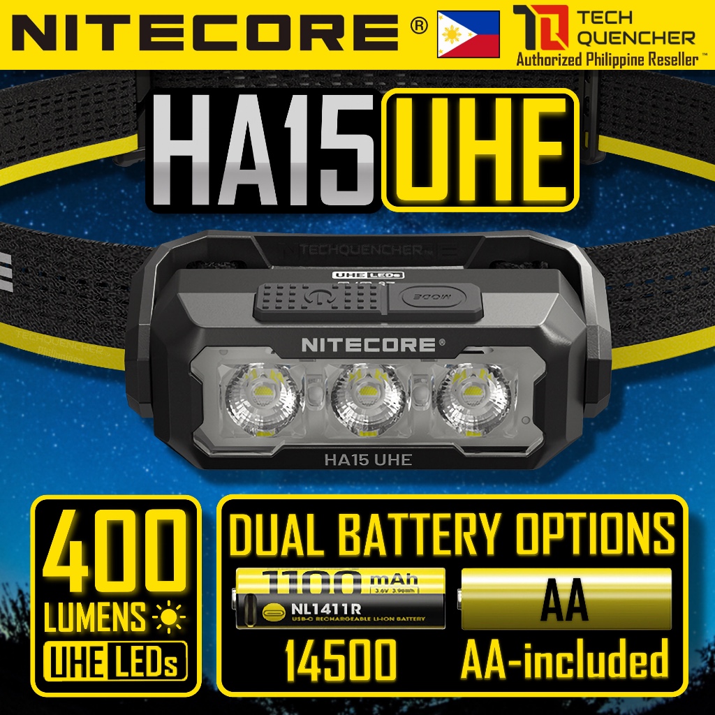 ไฟหน้า Nitecore HA15 UHE - 400 ลูเมน - แบตเตอรี่ AA - ตัวเลือกพลังงานคู่ - น้ําหนักเบาเป็นพิเศษ - IP