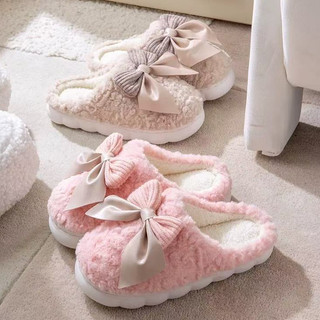 UMI.Lamb wool bow cotton slipper for thick soled indoor home anti slip and warm women plush slippers
