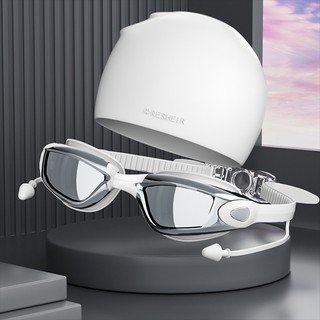 【Cap+Earplugs】Electroplate Goggles Set HD Unisex Swimming Goggles Silicone Swim hat Pack for Adults