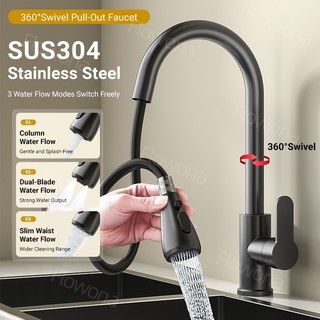Flowona SUS304 Pull-Out Kitchen Faucet 3 Spray Modes, 33–38mm, 360° Swivel Hot & Cold Tap