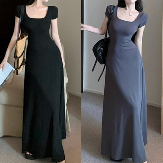 Beryl Slim Fit Short Sleeve Black Dress French Style Hepburn Style  Long Skirt Frill Casual Sexy